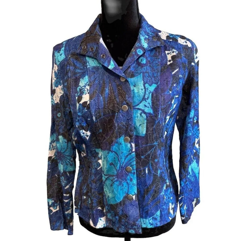 Chicos 0 US Small Jacket Blue Floral Textured Snap Collar Long Sleeve Artsy